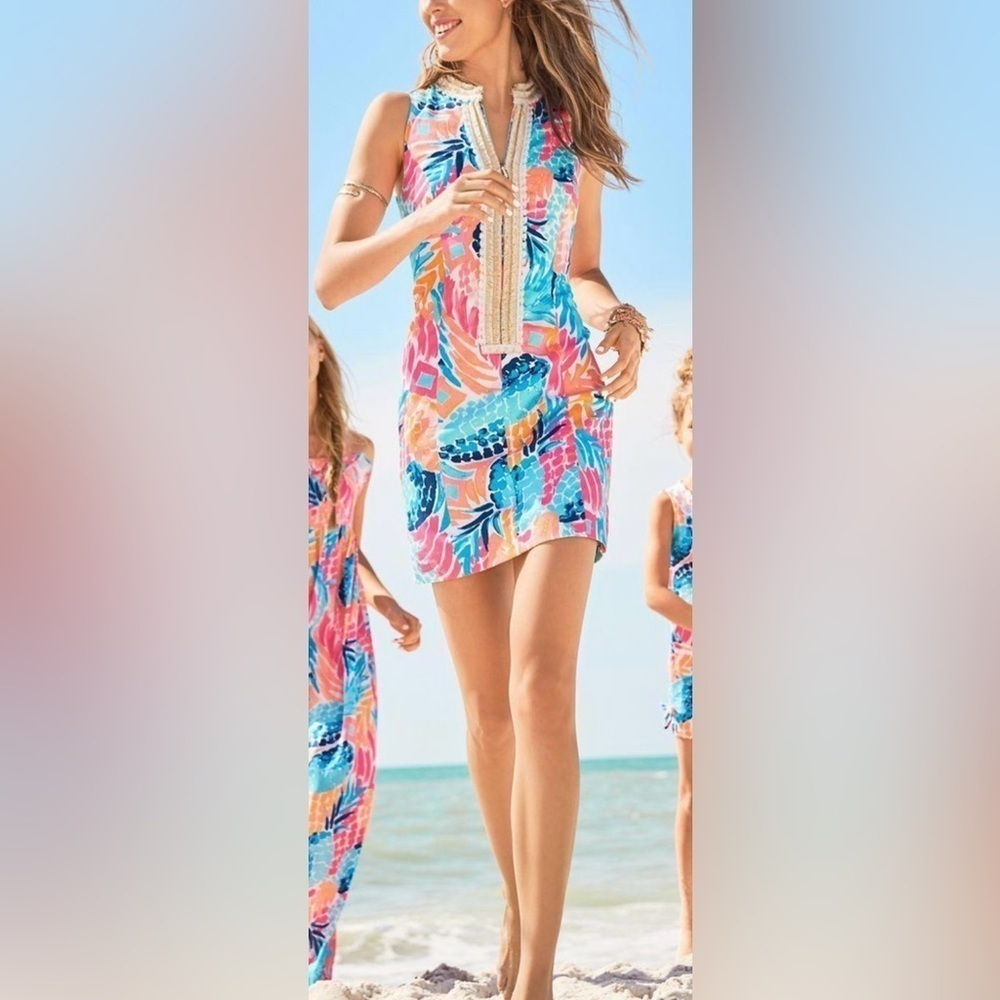 Lilly Pulitzer Alexa Goombay Smashed gold fringed lace trim Shift Dress